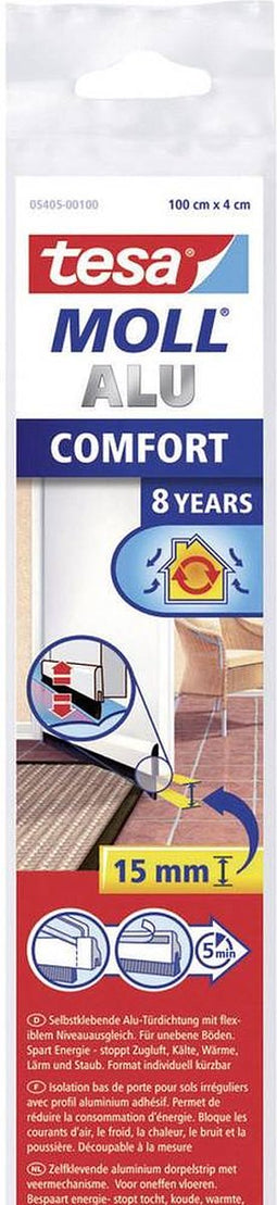 Tesa - Dorpelstrip (borstel) voor oneven vloeren - 15 mm speling - 100 cm - Aluminium - Staal look - Comfort