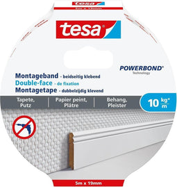 Tesa montagetape dubbelzijdig voor behang & pleisterwerk 10 kg/m - 5 m x 19 mm.