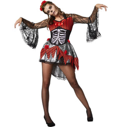 TecTake Danseres - Halloweenkostuum - Skeletprint en Kant - Rood - Maat L