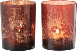 J-Line windlicht Bloemen - glas - bordeaux - medium - 2 stuks