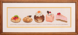Thea Gouverneur - Borduurpakket met telpatroon - 3050 - Voorgesorteerde DMC Garens - Gebakjes - Linnen - 47 cm x 12 cm - DIY Kit