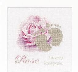 Thea Gouverneur - Borduurpakket met telpatroon - 508A - Voorgesorteerde DMC Garens - Geboortetegel Roos - Aida - 15 cm x 15 cm - DIY Kit