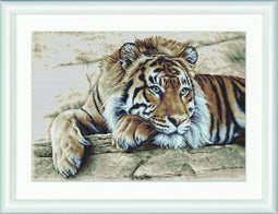 Thea Gouverneur - Borduurpakket met telpatroon - 579 - Voorgesorteerde DMC Garens - Tijger - Linnen - 35 cm x 25 cm - DIY Kit