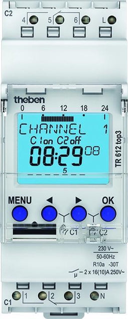 Theben 6120130 TR 612 top3 Digitale 2-kanaals timer met app-programmering, perfect voor LED's, timers, digitale schakelklok, met weekprogramma, DIN-rail, tijdschakelaar, 2 kanalen
