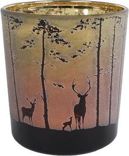 Theelichthouder Forest met afbeelding hert in bos groen/rood glas 7,5x7,5x8cm