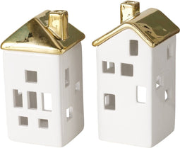 Theelichthouder huisje wit met goud - 2 stuks - H 15,5 cm - Boltze home