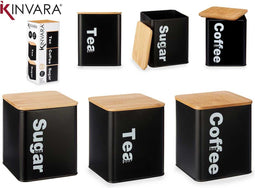 Kinvara Voorraadbussen met Bamboe deksel - Koffie, Thee en Suiker - Zwart