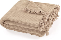 Tiseco - Deken SUZETTE - Mousseline zomer plaid met franjes - 130x160 cm - Zand