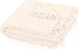Tiseco - Deken SUZETTE - Mousseline zomer plaid met franjes - 130x160 cm - Ivoor