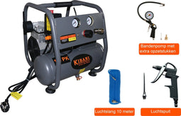 Kibani Super stille compressor 6 liter + luchtslang + luchtspuit + bandenpomp - SET - Compressoren - Luchtdruk - Luchtdrukgereedschap - Gereedschap - Luchtcompressor - 6L