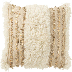 J-Line kussen Vierkant Lijnen Pailetten - wol/katoen - creme/goud