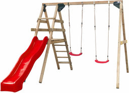 Dubbele Schommel met Glijbaan Celina (SwingKing) | Speeltoestel met 2 Schommels en Glijbaan | Voor Buiten in de Tuin | FSC Hout - Glijbaan Rood
