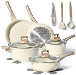 Just Perfecto 12 Delige Pannenset - Inductie - Marmeren coating - Beige (12 stuks)