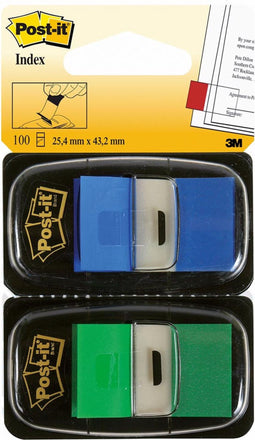 Post-it® Index Standaard, Duo Pack, Groen/Blauw, 25.4 x 43.2 mm, 50 Tabs/Dispenser