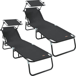 vidaXL - Vouwbare - Ligbedden - 2 - stuks - met - Zonnescherm - Zwart - 600D - Oxford - Stof