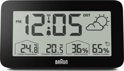 Braun BC13BP-DCF - Weerstation - LCD-scherm - Achtergrondverlichtingsfunctie - Vochtigheid - Weergegevens - Weervoorspelling - Radiogestuurde functie - 12/24 uur modus - Wekkerfunctie - Snooze - Zwart