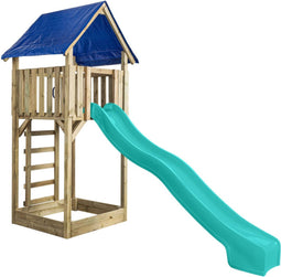 Houten Speeltoren Lisa (SwingKing) | Speeltoren met Glijbaan en Zandbak voor Buiten in de Tuin | FSC Hout - Glijbaan Turquoise blauw