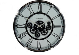 Moderne wandklok London - bewegende tandwielen - glimmend zilver grijs 54 cm