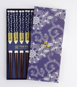 Tokyo Design Studio - Chopsticks Set - Eetstokjes Hout - Inclusief Geschenkdoos - Blue Flowers - 5 paar