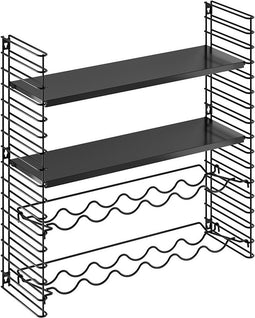Tomado - Wandrek incl. wijnrek - Zwart - Boekenrek - 70x21x68cm - Incl. 2 wijnrekken voor 12 flessen - Uitbreidbaar