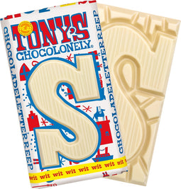 Tony's Chocolonely Chocolade Letter S - Witte Chocolade Chocoladeletter - Schoencadeautjes Sinterklaas - Sint Cadeau - 180 Gram Fairtrade Belgische Chocola