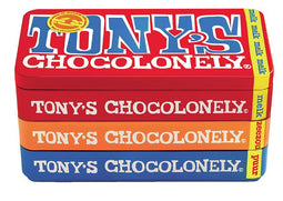 Tony's Chocolonely - Chocolade reep 180gr in blik puur-melk en karamel zeezout | 8 stuks