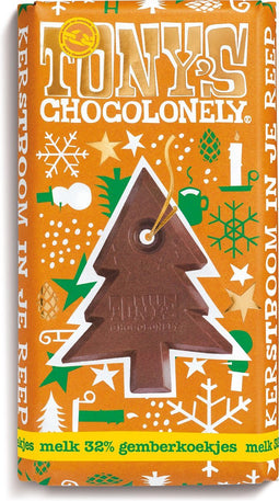 Tony's Chocolonely Kerstboom Chocolade Reep - Kerstmis Melkchocolade met Gemberkoekjes - Kerst Kadootjes - 1 x 180 Gram Fairtrade Belgische Chocola Kerstcadeau