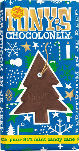 Tony's Chocolonely Kerstmis Kerstboom Chocolade - Reep Pure Chocolade met Mint Candy Kerst Geschenk Kerstcadeau Feestdagen - 1 x 180 Gram Fairtrade Belgische Chocola