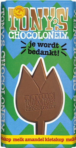 Tony's Chocolonely Melk Amandel Kletskop Chocoladereep "Je wordt Bedankt!" Chocolade Verjaardag Cadeau Belgische Fairtrade Chocola 15 x 180 gram Geschenkset voor Man en Vrouw