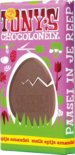 Tony's Chocolonely Melk Chocolade Reep Pasen - Spijs Nootjes Amandel - Paas Cadeau - Paascadeautjes voor Kinderen - Fairtrade Choclade - 180 gram