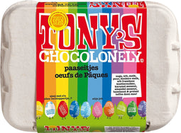 Tony's Chocolonely Paaseitjes Chocolade Mix - Paascadeautjes voor Kinderen - 12 Paaseieren in Eierdoos - Paaschocolade - 10 Verschillende Smaken - 1 x 150 Gram