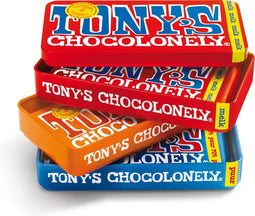 Tony's Chocolonely Stapelblik Kado 3 Chocolade Repen Melk, Puur, Karamel Zeezout Verjaardag Cadeau Vrouw of Man 3 x 180 gram Chocola Geschenkset voor Hem of Haar