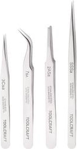 TOOLCRAFT 816747 Pincetset 4-delig SS SA, 2a SA, 7 SA, 3c SA Plat-rond, Sikkelspits, gebogen 55°, Spits, Spits, slank