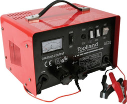 Toolland Acculader 12/24 V, bescherming tegen overladen, ampèremeter en zekering tegen kortsluiting, voor motoren, tractoren, auto's, bestelwagens, met 20 A startfunctie/boostfunctie, rood