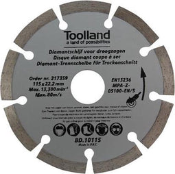 Toolland Diamantschijf, 230 mm, gesegmenteerd, droog snijden, 6600 tpm, 80 m/s, voor graniet, steen, baksteen, marmer