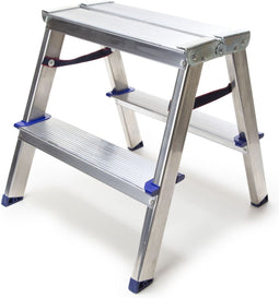 Toolland Dubbelzijdig opstapje met 2 x 2 treden, antislipvoetjes en antislipprofiel op de vier treden en het breed platform, opvouwbaar, aluminium, draagvermogen tot 150 kg, type DUAL