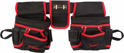 Toolland Gereedschapshouder voor riem, nylon, versterkt met klinknagels, met 2 holsters, meerdere vakken, hamerhouder, zwart/rood