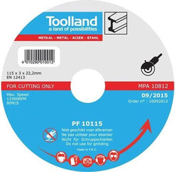Toolland Snijschijf, 115 mm, nat snijden, 13300 tpm, 80 m/s, voor metalen