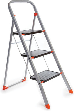 Toolland Stepix trapladder, 3 treden, inklapbaar, huishoudtrap met hoge beugel, antislipvoetjes en antislipprofiel op de twee treden, epoxycoating, metaal, draagvermogen tot 150 kg