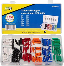 Topgear Assortimentbox steenzekeringen - 120 stuks - diverse ampères - compact en handig