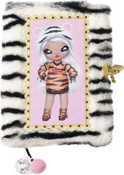 Totum NaNaNa Surprise fluffy dagboek met slot, notitieboek secret diary A5 incl. applicatie en pompom Bianca Bengal tijger print gelineerd