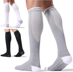Travelhawk Compressiekousen Zwart/Wit/Grijs - 3 Pack - Hardloopsokken - Premium Compressiesokken - Running Socks - Vochtafdrijvend - Skisokken - Voorkom Blessures & Spierpijn - S/M