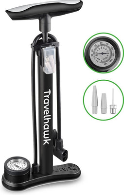 Travelhawk Fietspomp - Dubbele Ventielkop - Bal Pomp - Met drukmeter - Handig Voor Onderweg Of Op Reis - Inclusief Draagtas - Zwart