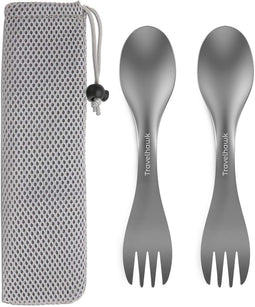 Travelhawk Spork - Campingbestek van titanium - Vork, mes en lepel in één - Bestek voor onderweg en op reis - Lichtgewicht - 2 Stuks - Inclusief Draagzak