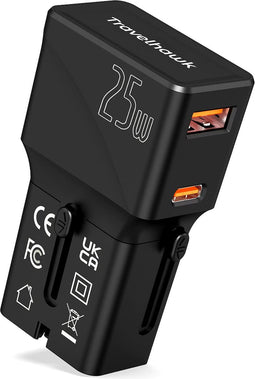 TravelHawk Universele Wereldstekker met USB-C en USB Poort - Reisstekker - Internationale Reisstekker voor 150+ landen - Amerika (USA) - Engeland (UK) - Australië - Azië - Zuid Amerika - Afrika - Wereldstekkers - Zwart