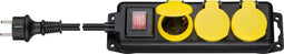 Triple socket strip, 3 meter cable length, with self-closing protective caps, splash-proof, suitable