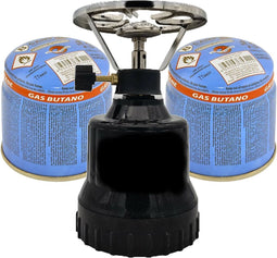 TronicXL Gasfornuis campingkooktoestel, mobiel, draagbaar, kooktoestel, noodkooktoestel 1-vlammige aluminium brander + 2x cartouche gasfles butaanset Gasfornuis met patroon 2x gasfles camping kooktoestel kookset