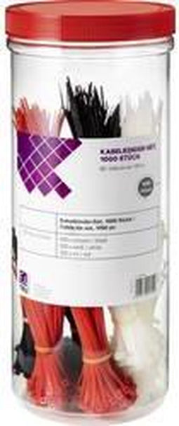 TRU COMPONENTS 1570089 Assortiment kabelbinders 100 mm 2.50 mm Zwart, Rood, Natuur 1000 stuk(s)