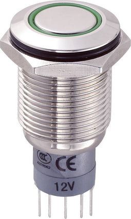 TRU COMPONENTS 701804 LAS2GQF-11ZE/G/12V/N/P Vandalismebestendige drukschakelaar 250 V/AC 3 A 1x aan/aan Continu Groen