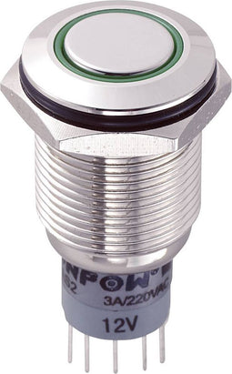 TRU COMPONENTS 701846 LAS2GQF-22ZE/G/12V/N/P Vandalismebestendige drukschakelaar 250 V/AC 3 A 2x aan/aan Continu Groen